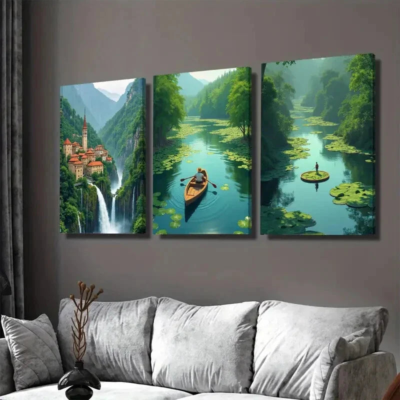 3pcs Scenic Waterfall Village Vibrant Nature Wall Art Set Canvas Framed 40x60cm - High Quality Print 100% Australian Made Wall Canvas Ready to Hang
