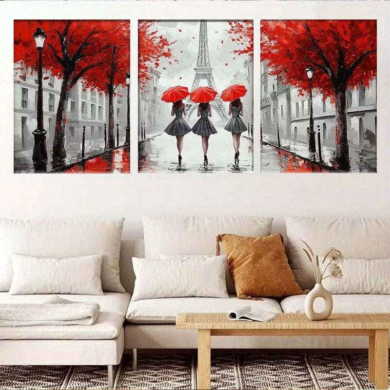 3pcs Paris Elegant Women with Red Umbrellas Wall Art Set Canvas Framed 40x60cm - High Quality Print 100% Australian Made Wall Canvas Ready to Hang