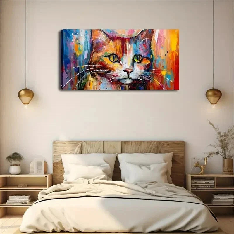 Vibrant Abstract Cat Relaxation Wall Art Canvas Office Home Room Framed 120x60cm