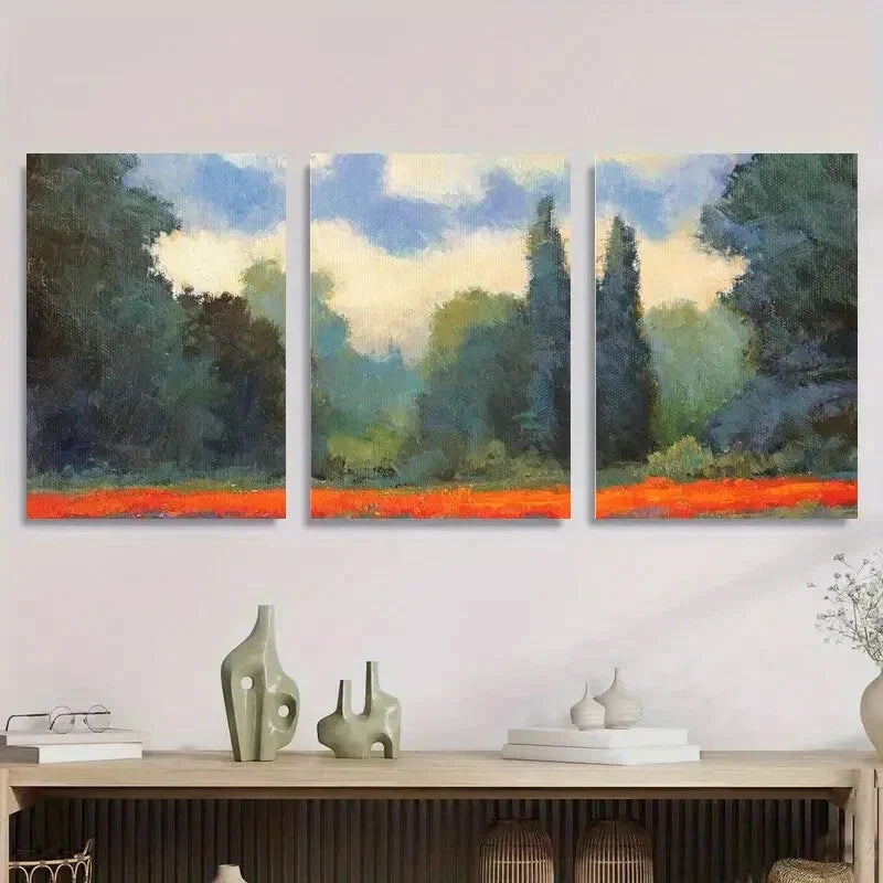 3pcs Greenery and Red Flowers Forest Metal Print Ready to Hang Art