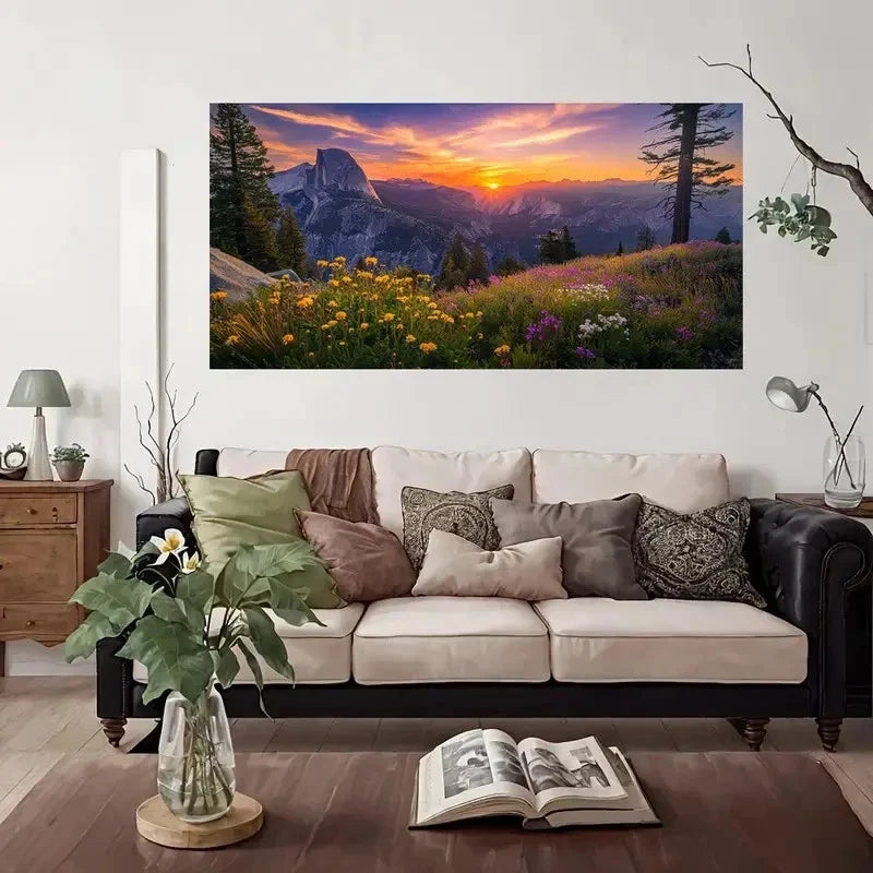 Vibrant Sunset Wildflowers Wall Art Canvas Office Home Room Framed 80x45cm