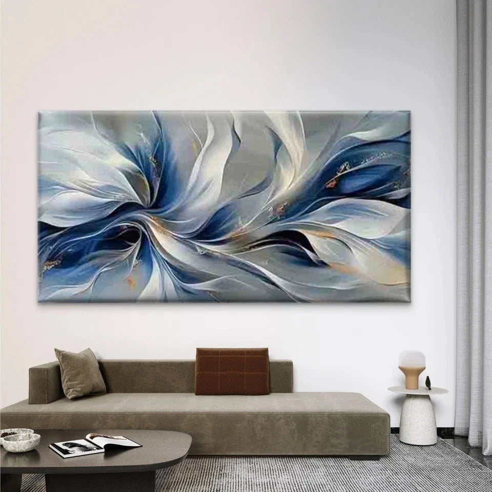 Abstract Blue & White Floral Wall Art Canvas Office Home Room Framed 120x60cm