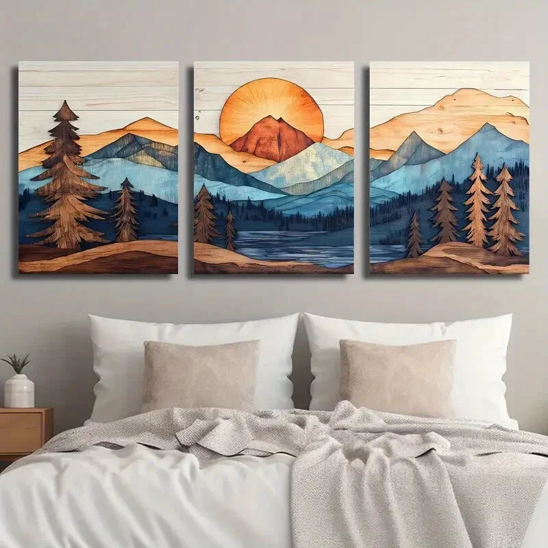 3pcs Wood Style Mountains Landscape Wall Art Set Canvas Framed 40x60cm - High Quality Print 100% Australian Made Wall Canvas Ready to Hang