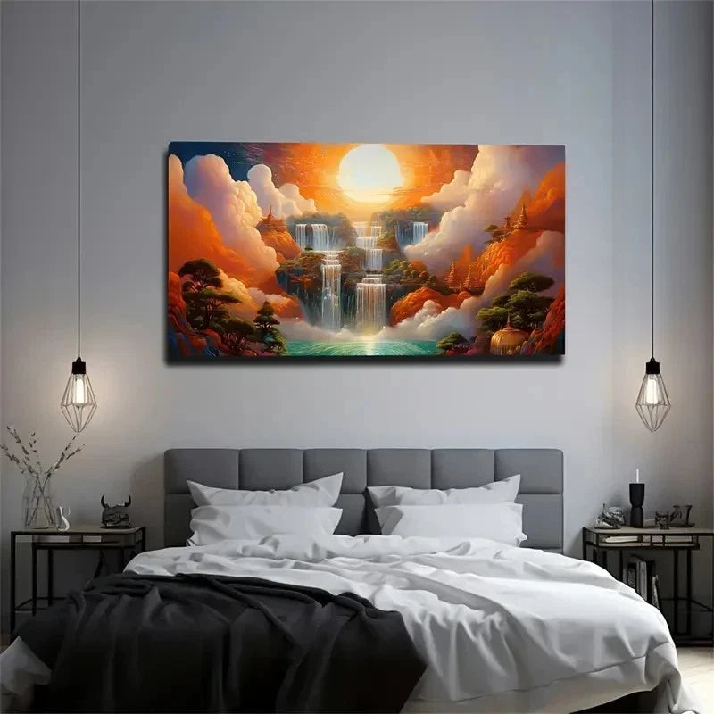 Waterfall And Sunset In Dreams Wall Art Canvas Office Home Room Framed 120x60cm