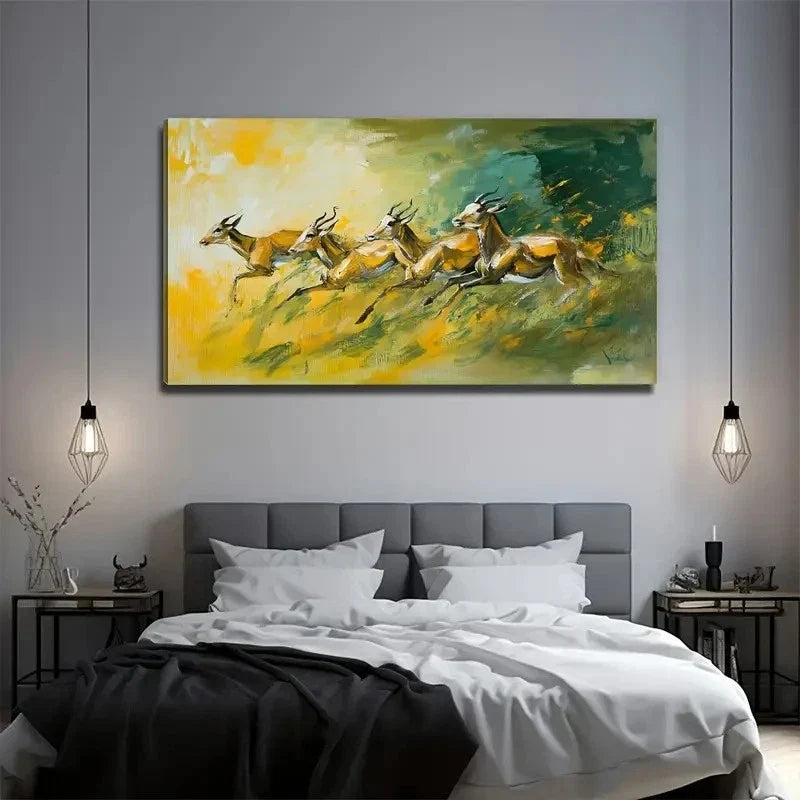 Deer Running On The Grassland Wall Art Canvas Office Home Room Framed 80x45cm