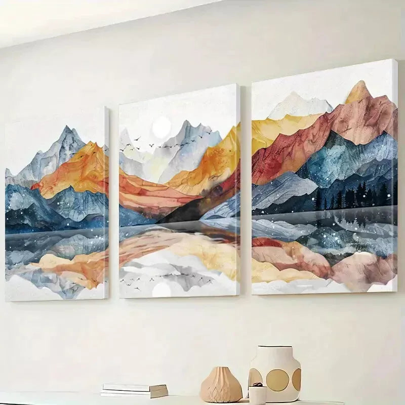 3pcs Abstract Landscape Mountain Reflections Wall Art Set Canvas Framed 40x60cm - High Quality Print 100% Australian Made Wall Canvas Ready to Hang