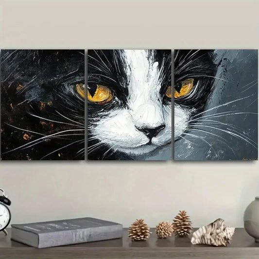 3pcs Black and White Tuxedo Cat Animal Themed Metal Print Ready to Hang Art