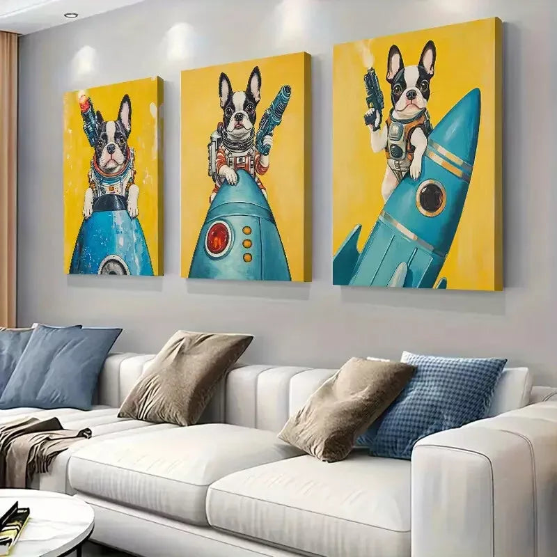 3pcs  An Adorable Space-Themed Bulldog Wall Art Set Canvas Framed 40x60cm - High Quality Print 100% Australian Made Wall Canvas Ready to Hang