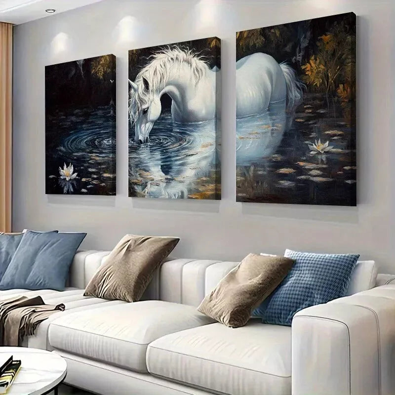 3pcs Mystical Fantasy White Unicorn in Water  Wall Art Set Canvas Framed 40x60cm - High Quality Print 100% Australian Made Wall Canvas Ready to Hang