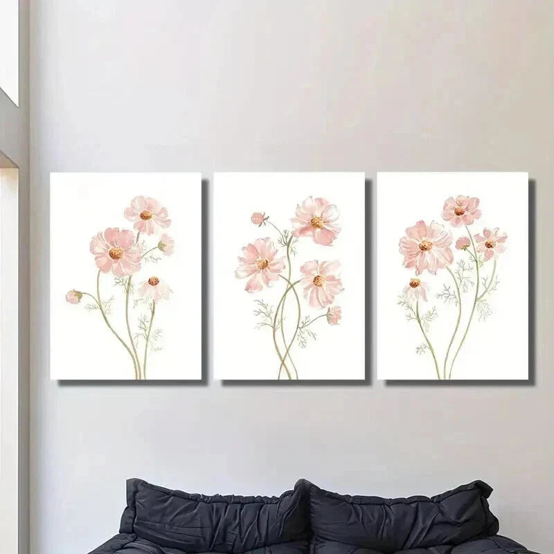 3pcs Painting of Soft Pink Wildflowers Wall Art Set Canvas Framed 40x60cm - High Quality Print 100% Australian Made Wall Canvas Ready to Hang