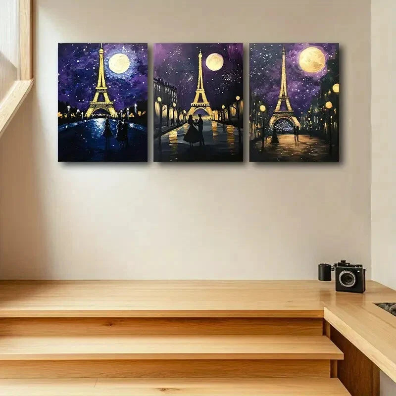 3pcs Eiffel Tower Night Scene Moonlit Metal Print Ready to Hang Art