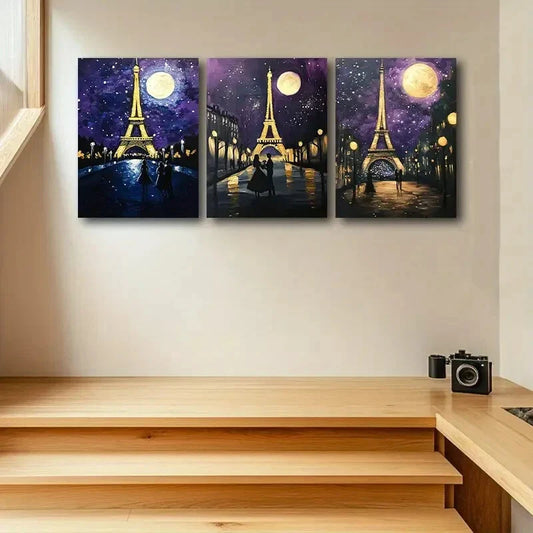 3pcs Eiffel Tower Night Scene Moonlit Metal Print Ready to Hang Art