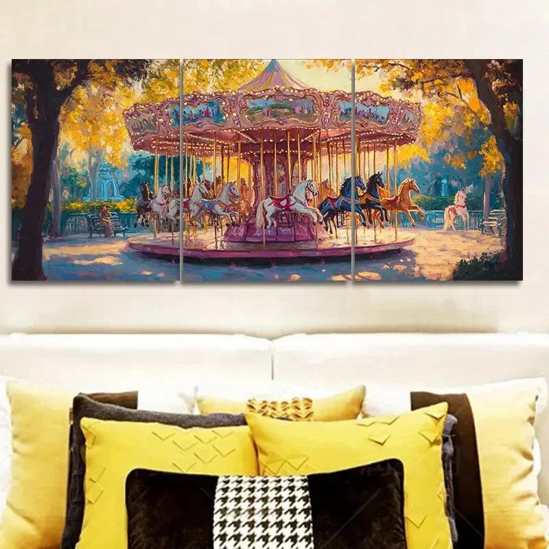 3pcs ink Carousel Design Classic Style Metal Print Ready to Hang Art