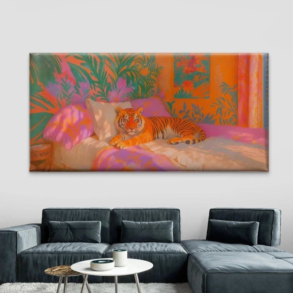Tiger on Colorful Tropical Bed Wall Art Canvas Office Home Room Framed 80x45cm