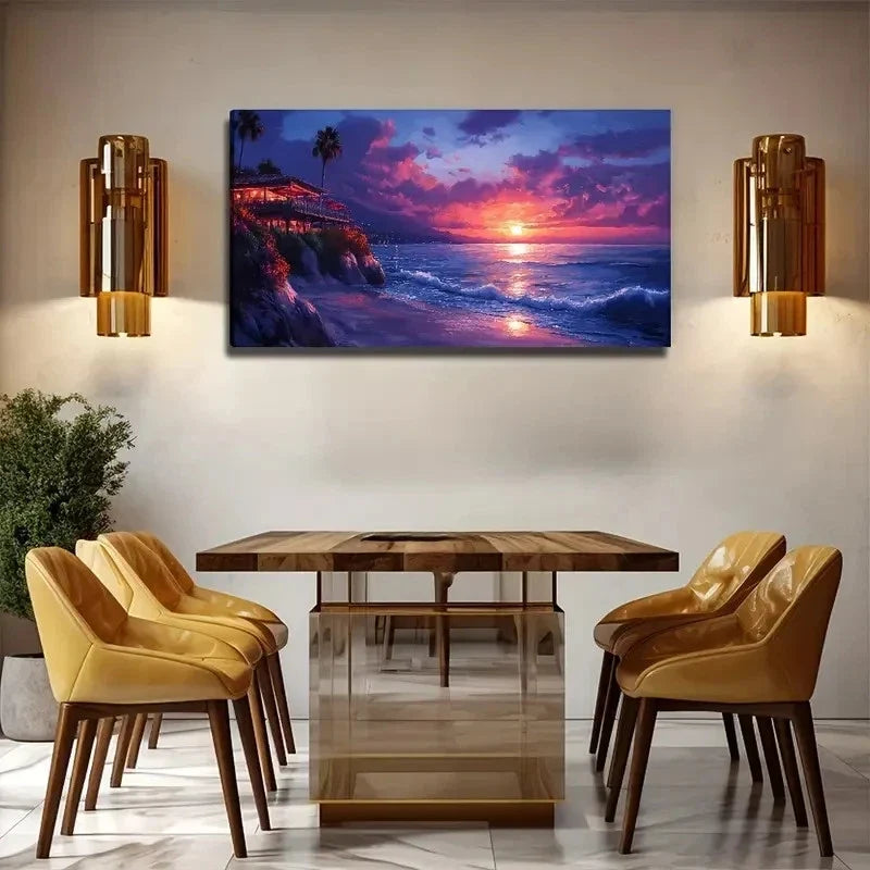 Sunset By Sea - Large Coastal Wall Art Canvas Office Home Room Framed 80x45cm