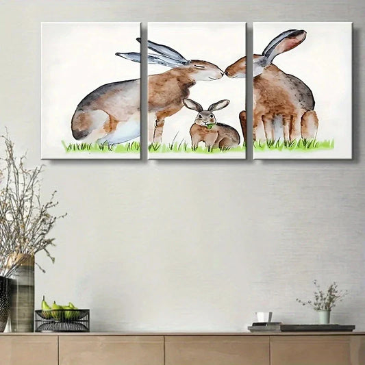 3pcs Vibrant Spring Scene with Playful Bunnies Metal Print Ready to Hang Art