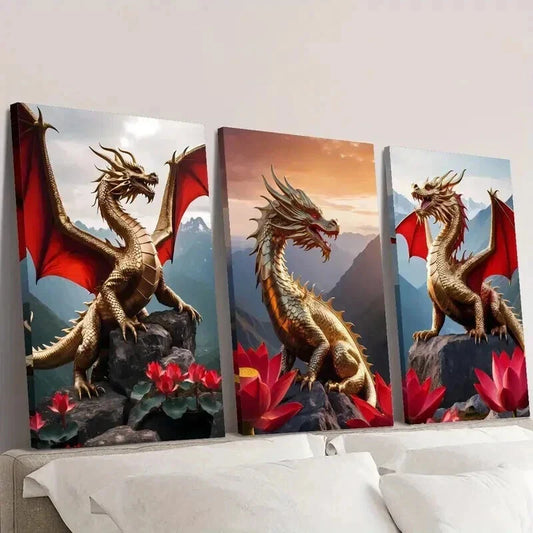 3pcs Golden Dragons with Red Wings Wall Art Set Canvas Framed 40x60cm - High Quality Print 100% Australian Made Wall Canvas Ready to Hang