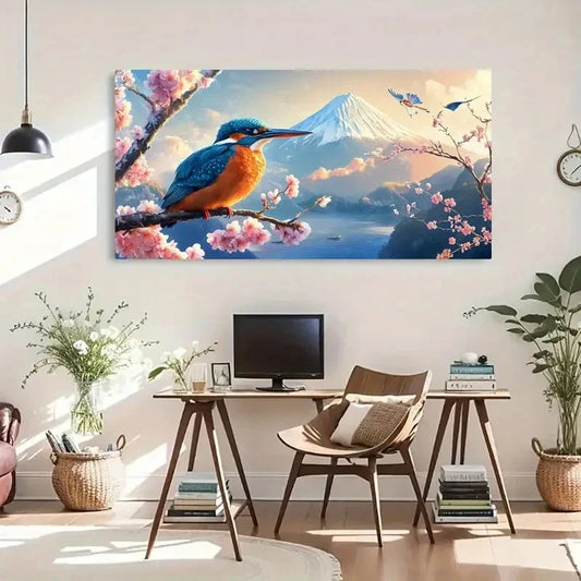 Kingfisher & Cherry Blossoms Wall Art Canvas Office Home Room Framed 120x60cm