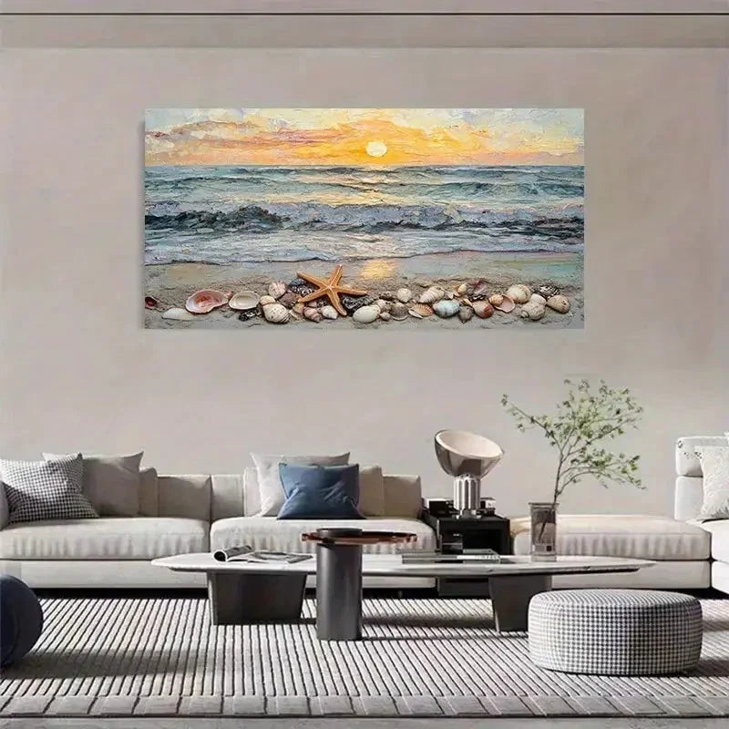Coastal Sea View With Shells Wall Art Canvas Office Home Room Framed 120x60cm