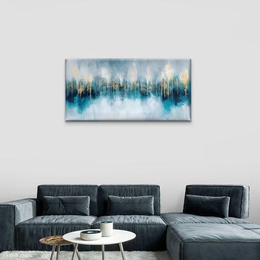 Blue Golden City Abstract Wall Art Canvas Office Home Room Framed 80x45cm