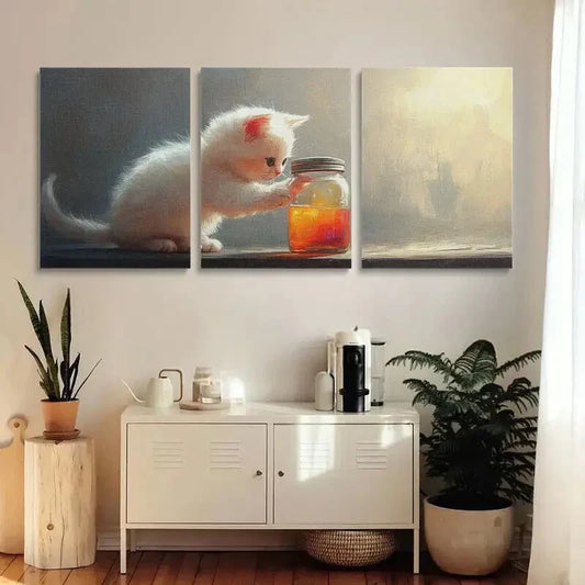 3pcs Adorable White Kitten Whimsical Metal Print Ready to Hang Art