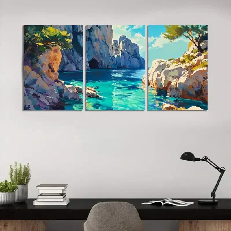 3pcs Vibrant Coastal With Blue Seas & Rocks  Wall Art Set Canvas Framed 40x60cm - High Quality Print 100% Australian Made Wall Canvas Ready to Hang