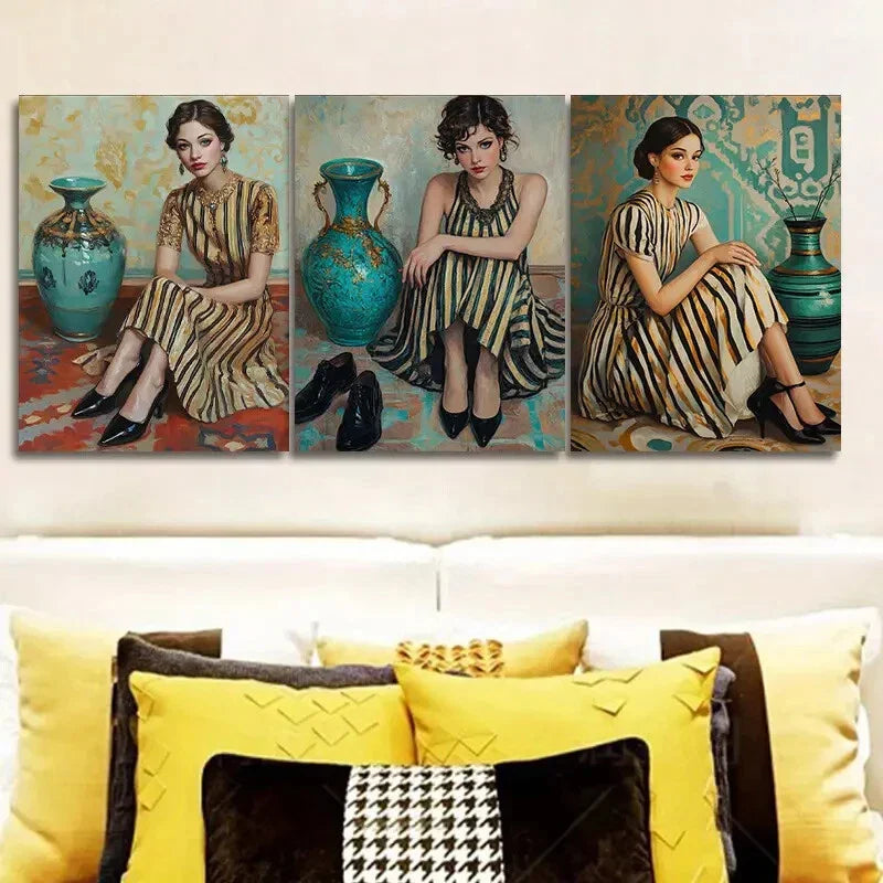 3pcs Featuring a Vintage-Style Girl, Metal Print Ready to Hang Art