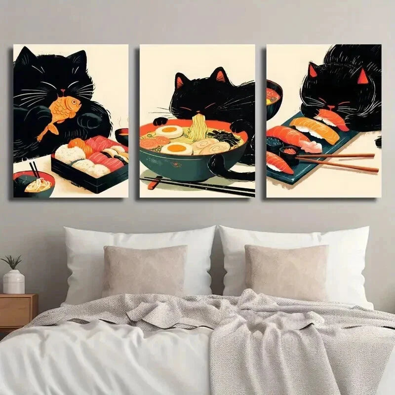 3pcs Japanese Ramen Cat Illustration Wall Art Set Canvas Framed 40x60cm - High Quality Print 100% Australian Made Wall Canvas Ready to Hang