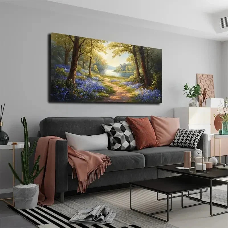 Serene Blue Floral Pathway Wall Art Canvas Office Home Room Framed 120x60cm