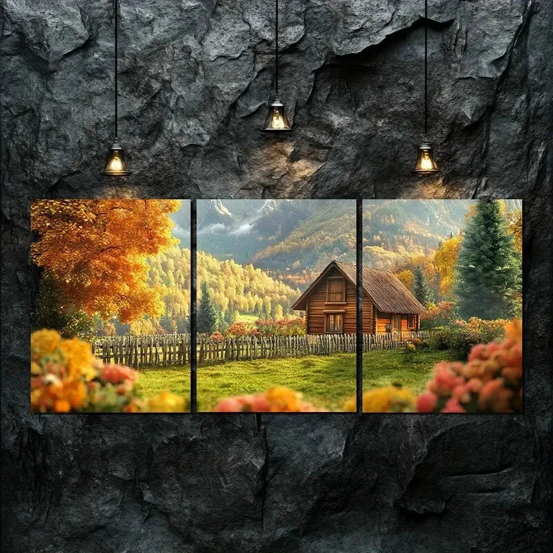 3pcs Autumn Log Cabin Landscape Perfect Wall Art Set Canvas Framed 40x60cm - High Quality Print 100% Australian Made Wall Canvas Ready to Hang