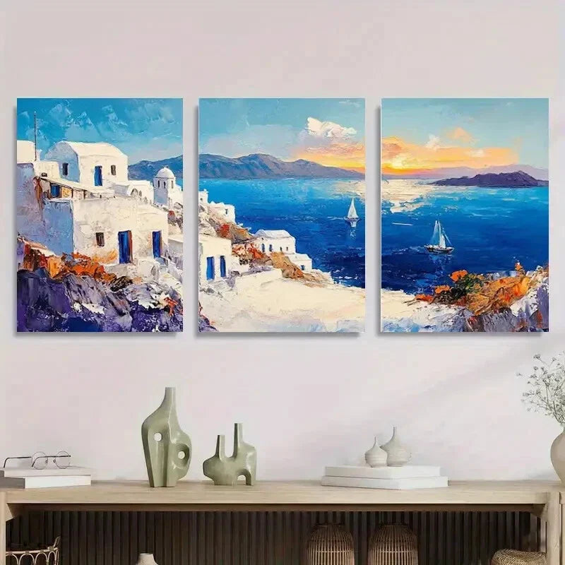 3pcs Vibrant Greece Seaside Seascape Metal Print Ready to Hang Art