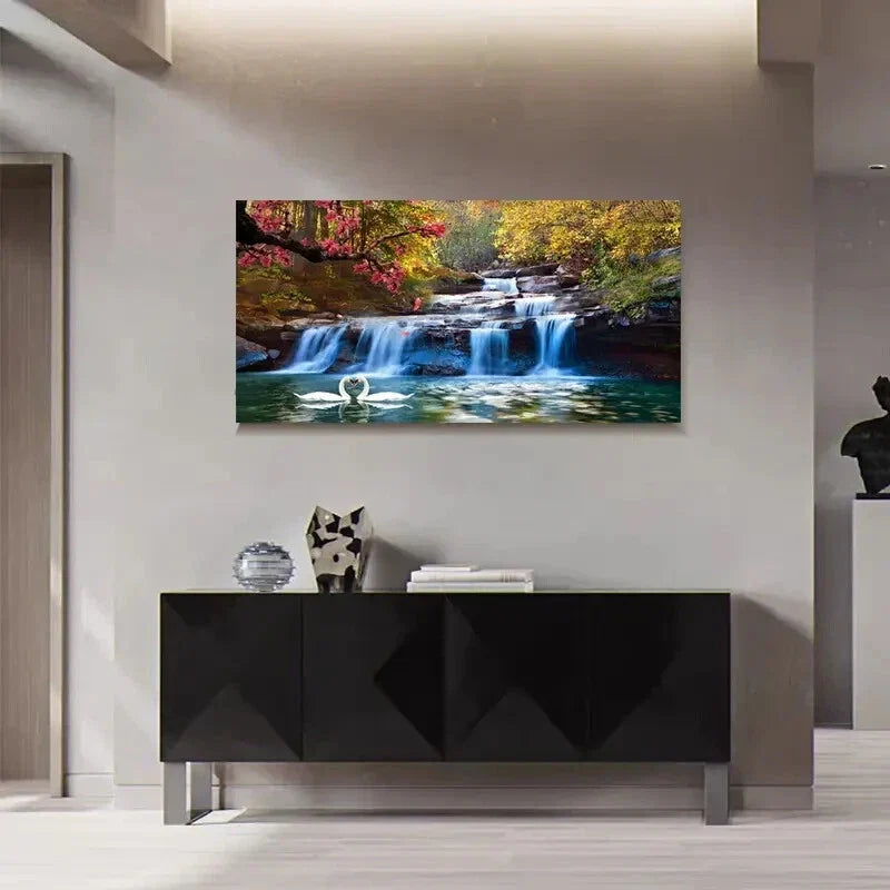 White Swans Waterfall Nature Wall Art Canvas Office Home Room Framed 120x60cm