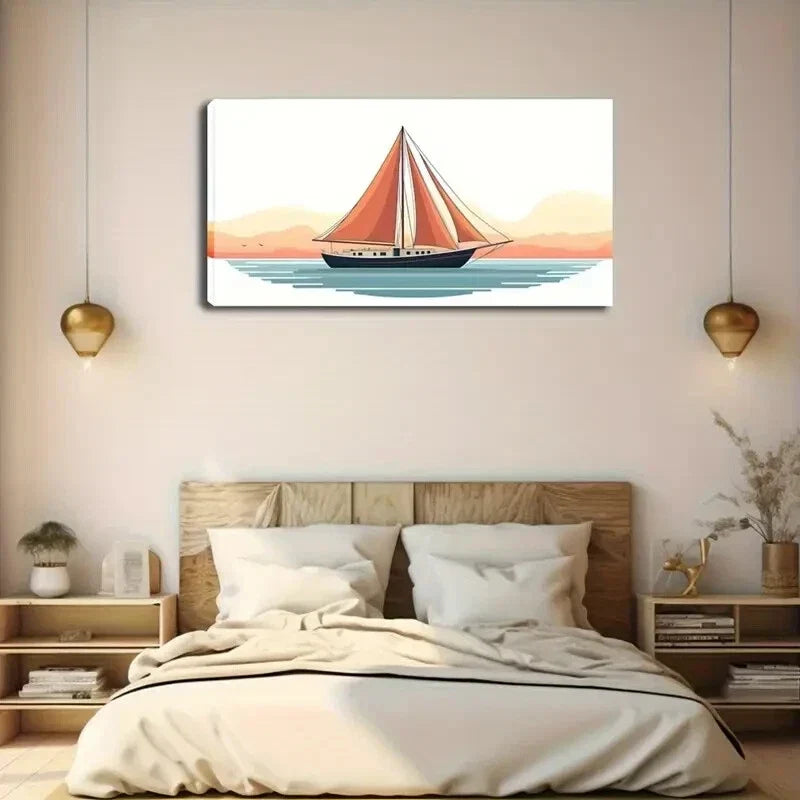 Red Sailboat Sailing Blue-Green Wall Art Canvas Office Home Room Framed 120x60cm