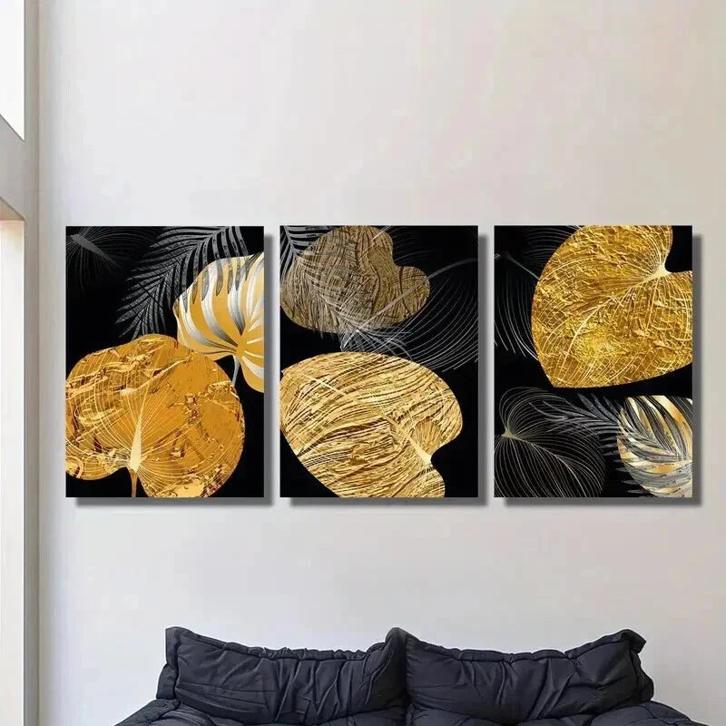 3pcs Abstract Nordic Golden Plant Leaves Wall Art Set Canvas Framed 40x60cm - High Quality Print 100% Australian Made Wall Canvas Ready to Hang
