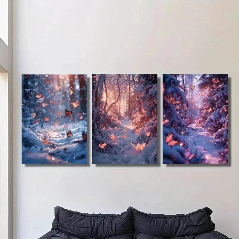 3pcs Glittering Winter Butterfly Snow Forest Wall Art Set Canvas Framed 40x60cm - High Quality Print 100% Australian Made Wall Canvas Ready to Hang