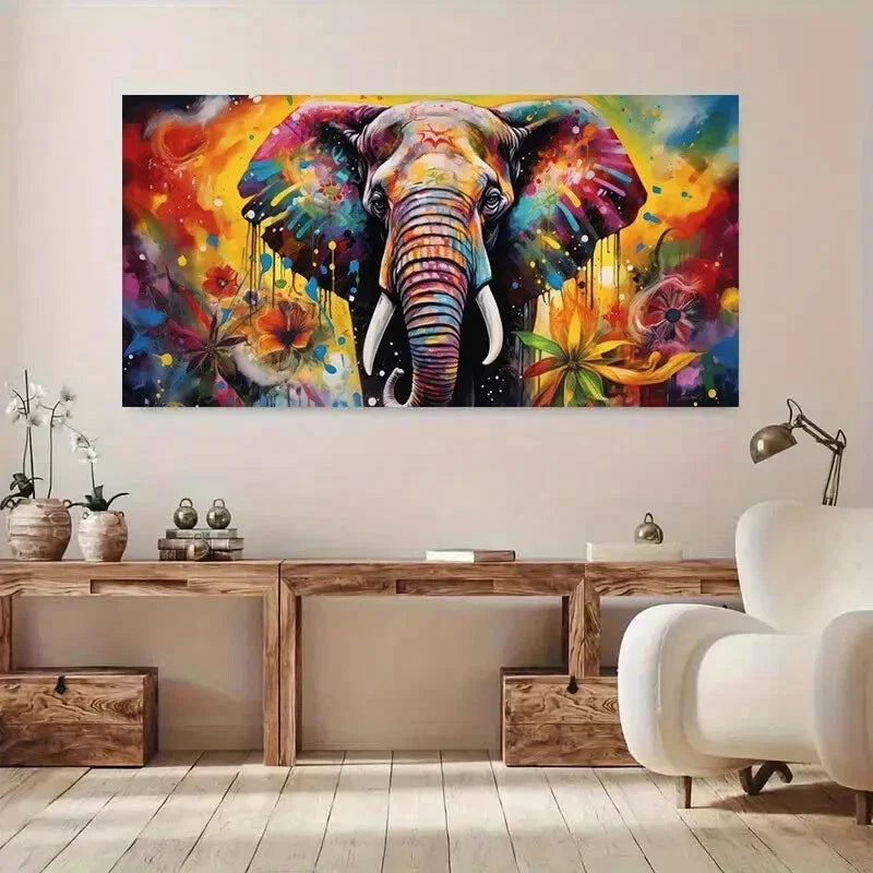 Vibrant Elephant wall canvas office home room framed 120x60cm