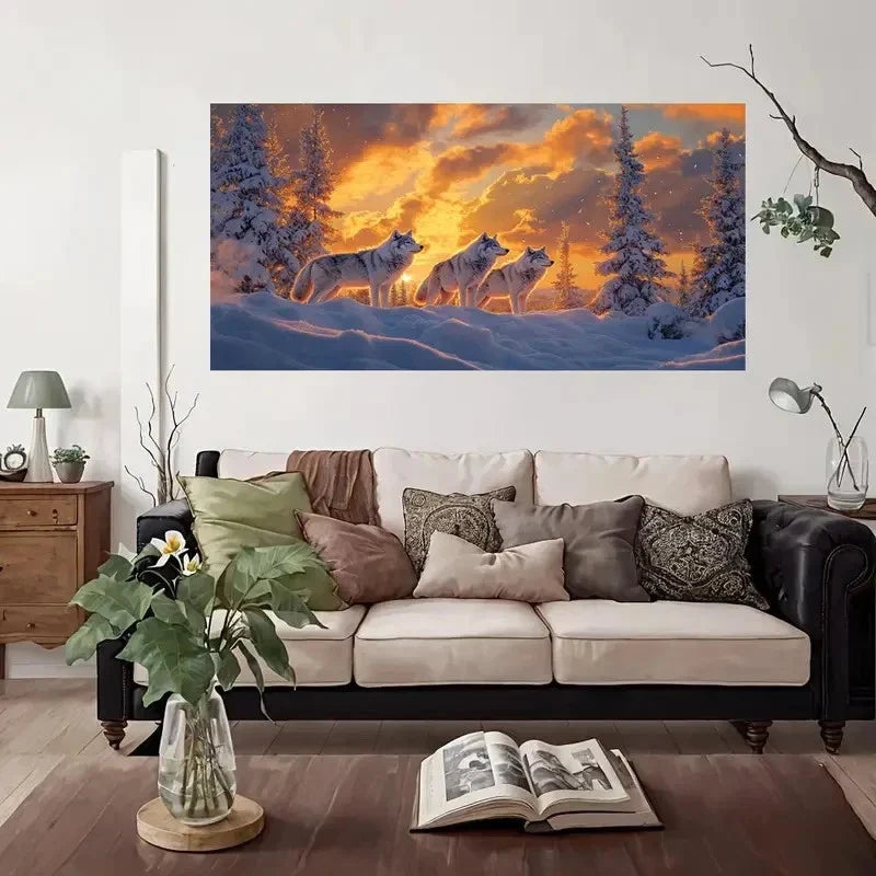 Three Wolves In Snowy Sunset Wall Art Canvas Office Home Room Framed 120x60cm