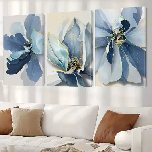 3pcs Blue Floral Canvas Wall Art Set Canvas Framed 40x60cm - High Quality Print 100% Australian Made Wall Canvas Ready to Hang