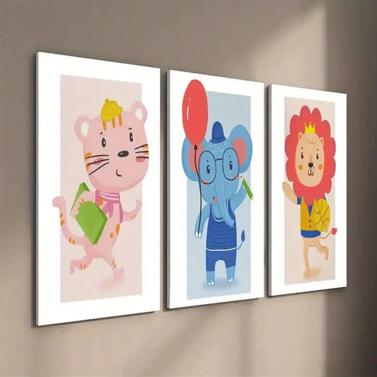 3pcs Funny Cartoon Animal Illustration Wall Art Set Canvas Framed 40x60cm - High Quality Print 100% Australian Made Wall Canvas Ready to Hang