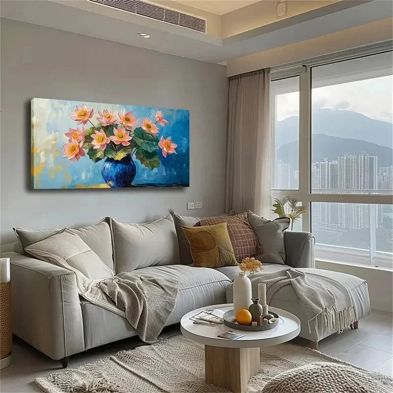 Blue Vase Pink Lotus Flowcers Wall Art Canvas Office Home Room Framed 120x60cm