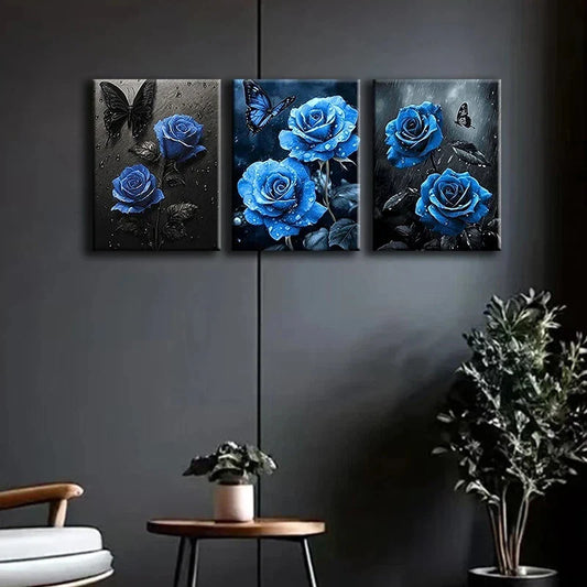 3pcs Blue Modern Flowers Black Butterflies Metal Print Ready to Hang Art