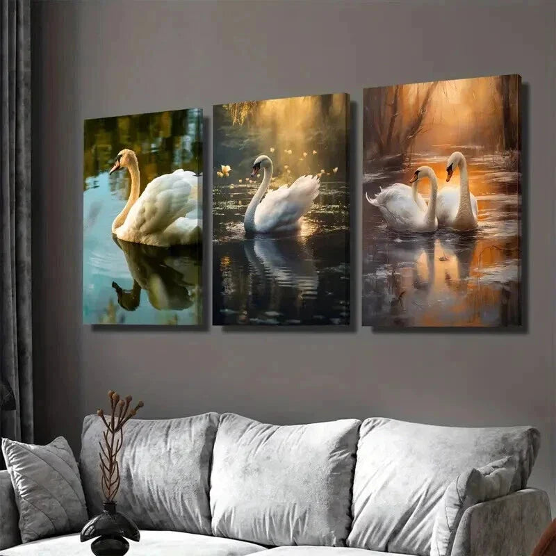 3pcs Elegant White Swans In Serene Water Wall Art Set Canvas Framed 40x60cm - High Quality Print 100% Australian Made Wall Canvas Ready to Hang