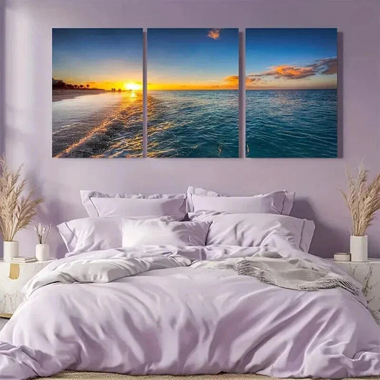 3pcs Beach with Yellow and Blue Skies Wall Art Set Canvas Framed 40x60cm - High Quality Print 100% Australian Made Wall Canvas Ready to Hang