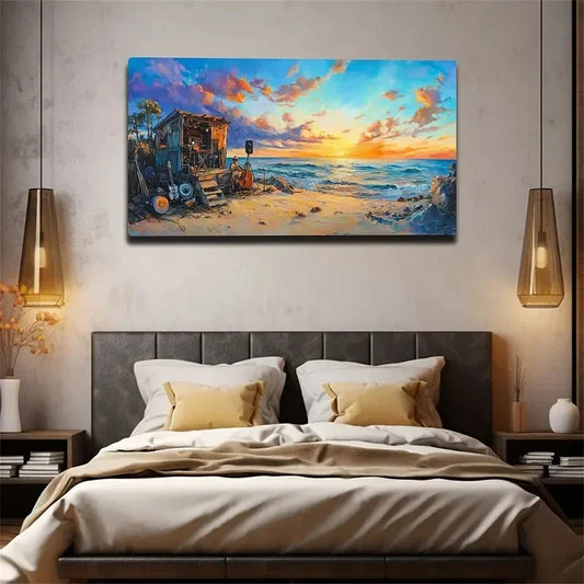 The Old House On The Beach Wall Art Canvas Office Home Room Framed 80x45cm