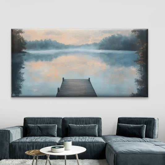 Lake Dock Dawn Scenic Landscape Wall Art Canvas Office Home Room Framed 80x45cm