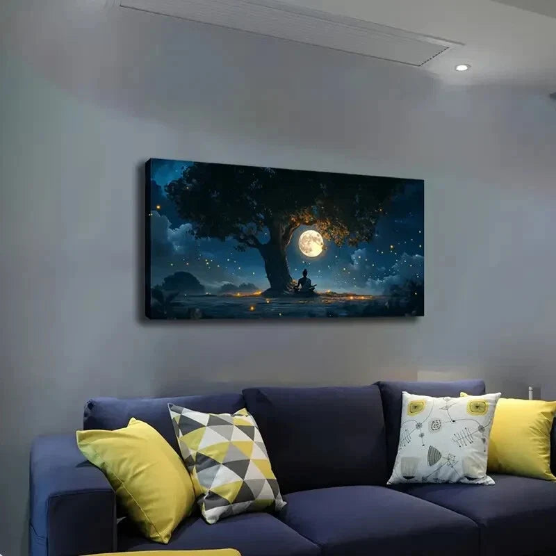 Tranquil Nighttime Scene Tree Wall Art Canvas Office Home Room Framed 120x60cm