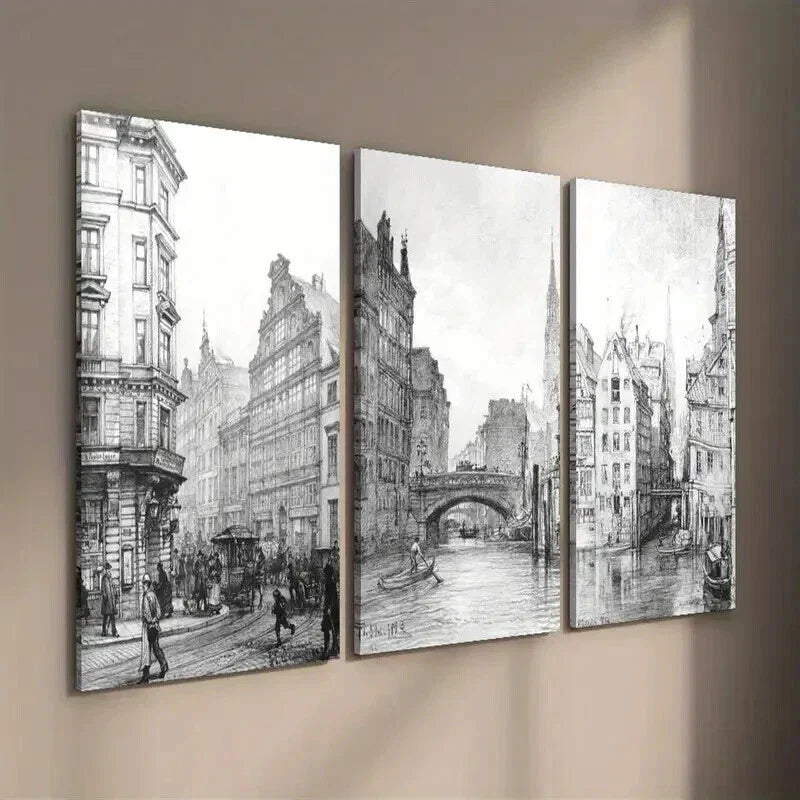 3pcs Drawing Vintage Architecture And Urban Wall Art Set Canvas Framed 40x60cm - High Quality Print 100% Australian Made Wall Canvas Ready to Hang