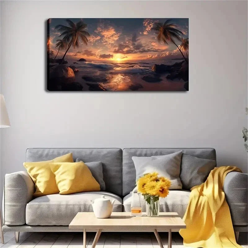 Sunset Beach with Palm Trees Wall Art Canvas Office Home Room Framed 120x60cm