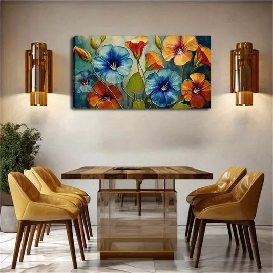 Vibrant Floral Blue-Green Field Wall Art Canvas Office Home Room Framed 120x60cm