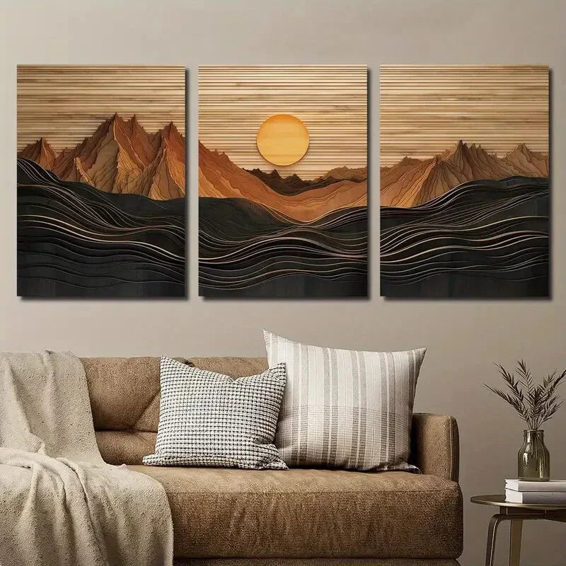 3pcs Abstract Sunset Mountain Landscape Wall Art Set Canvas Framed 40x60cm - High Quality Print 100% Australian Made Wall Canvas Ready to Hang